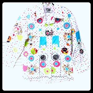 PONG‎ Poco Polka Dot Blouse Embroider Applique Floral Boho Maximalist Womens S